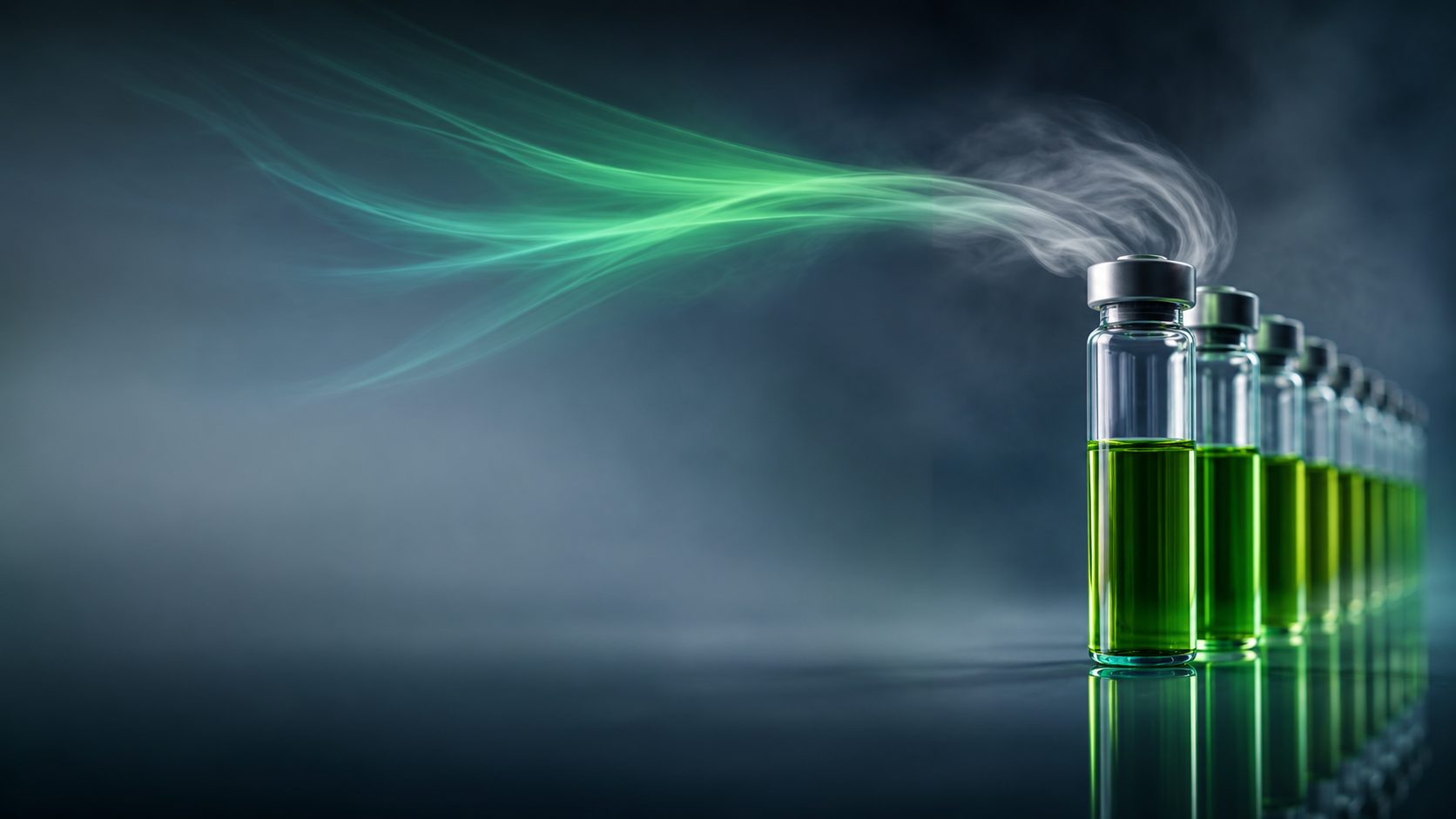 Vials of luminous green sustainable aviation fuel with a rising contrail-like vapour